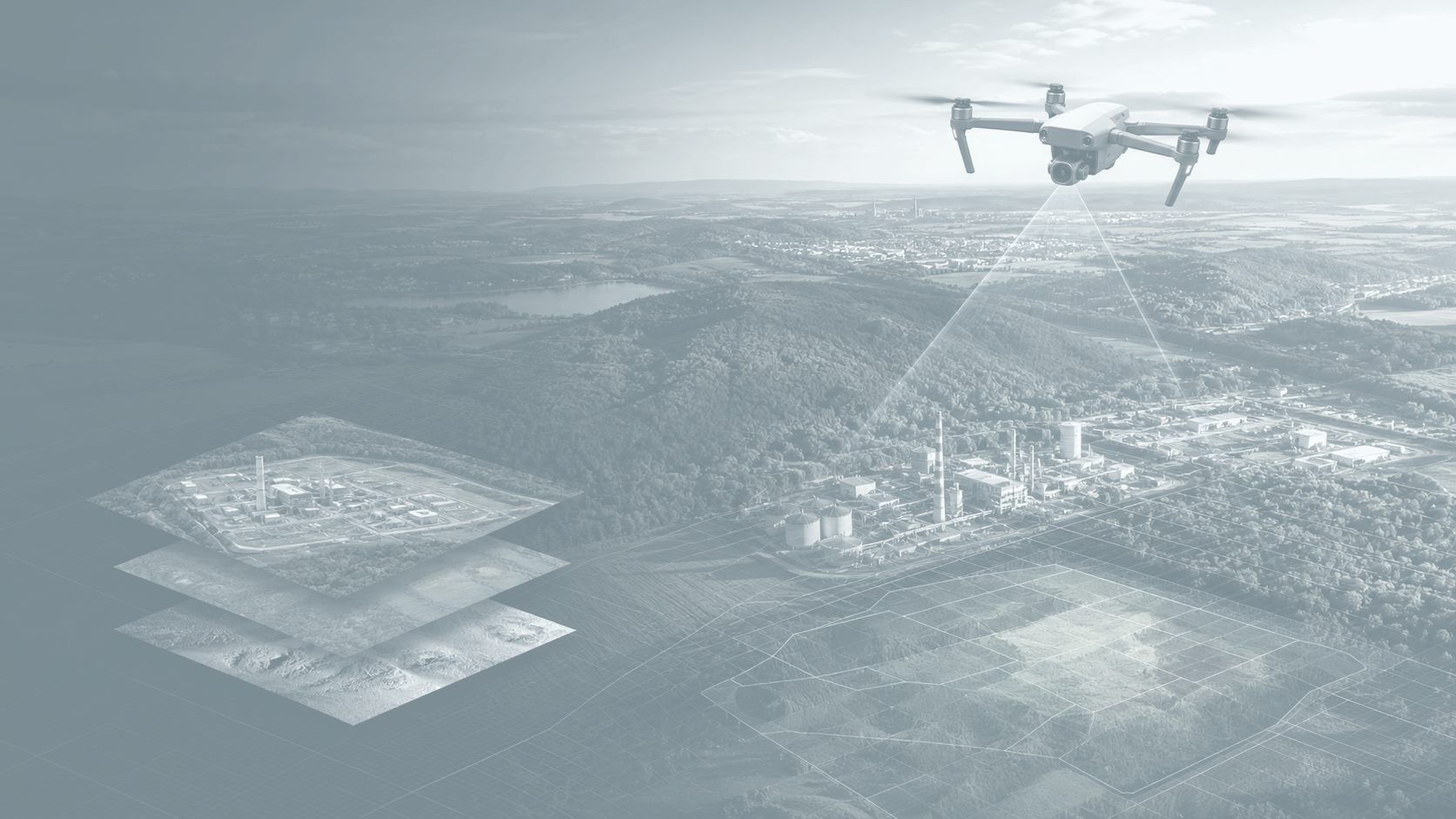 Aerial industrial site with mapped visual data overlay