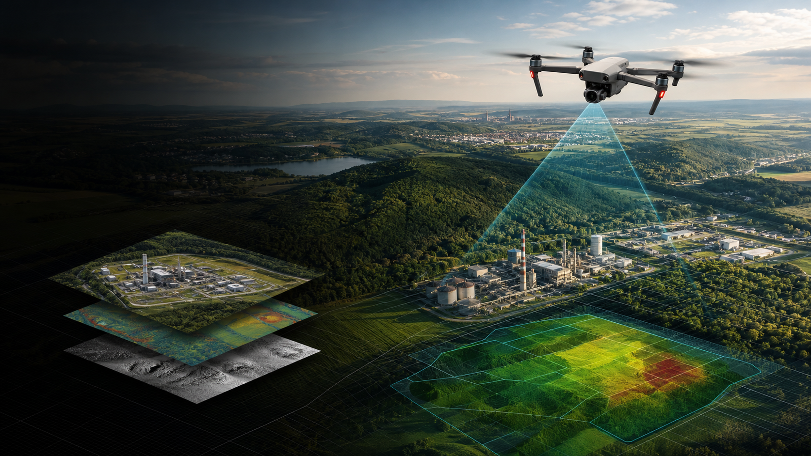 Aerial industrial site with mapped visual data overlay